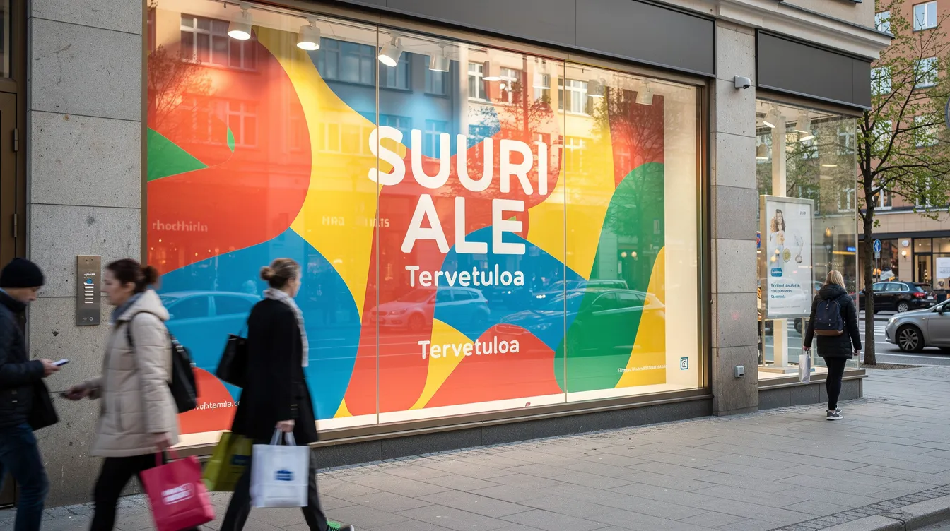 Värikäs mainosteippaus kivijalkaliikkeen näyteikkunassa.