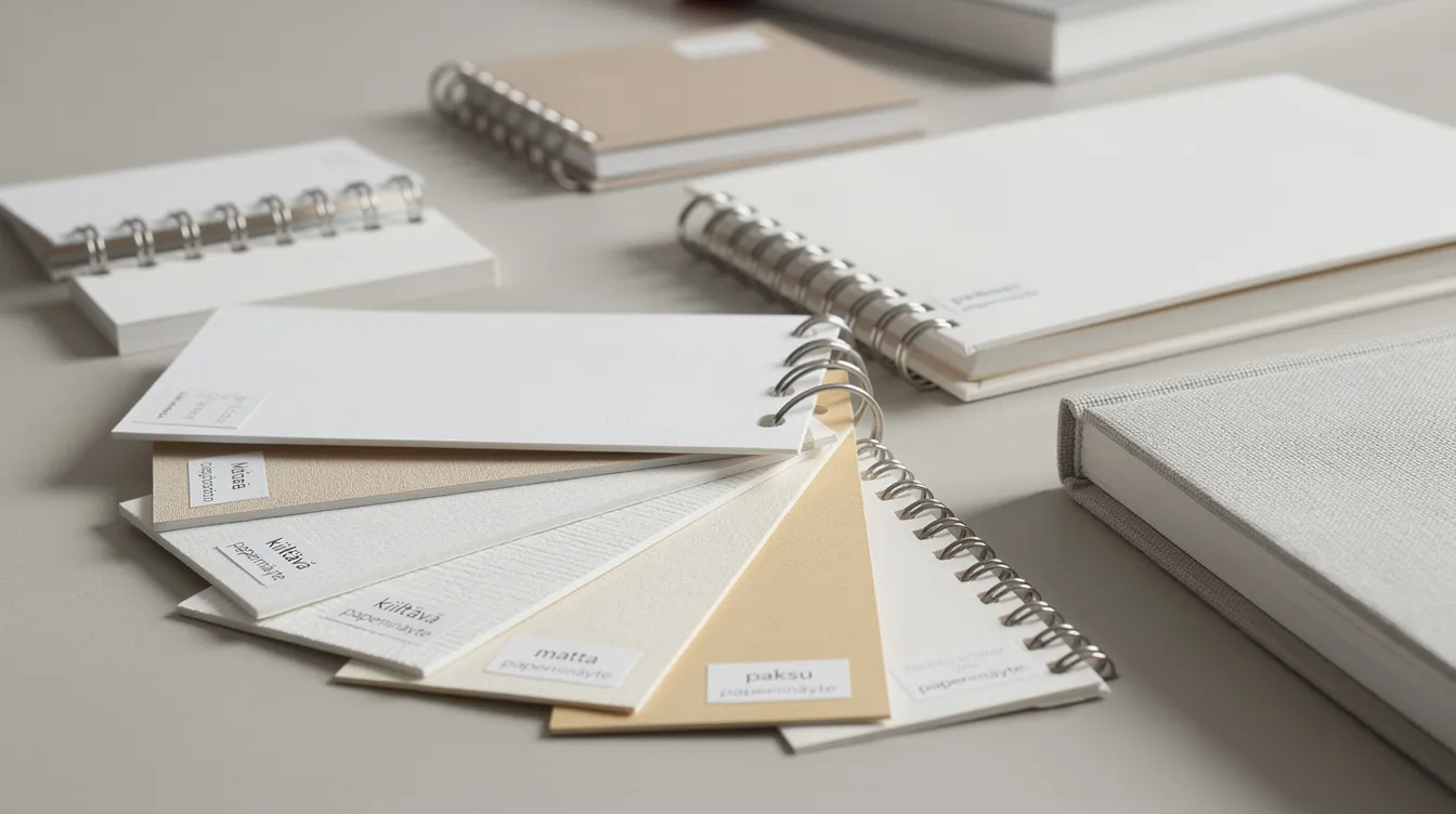 Paperi- ja sidontanäytteitä vuosikertomuksen materiaalivalintoihin.